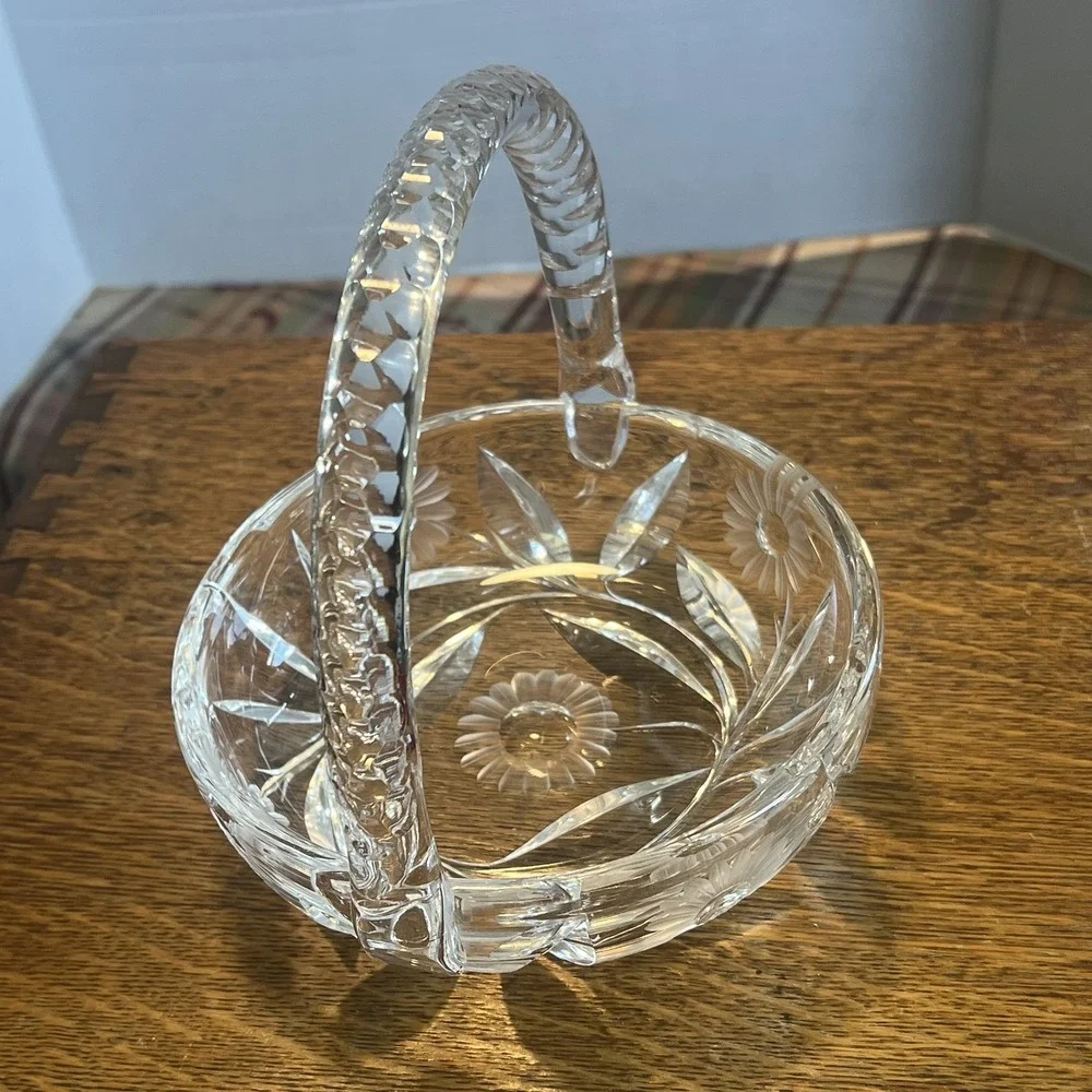 Crystal Clear Vintage Glass Basket Bowl Oval Cut Glass Floral 1970s Decorative